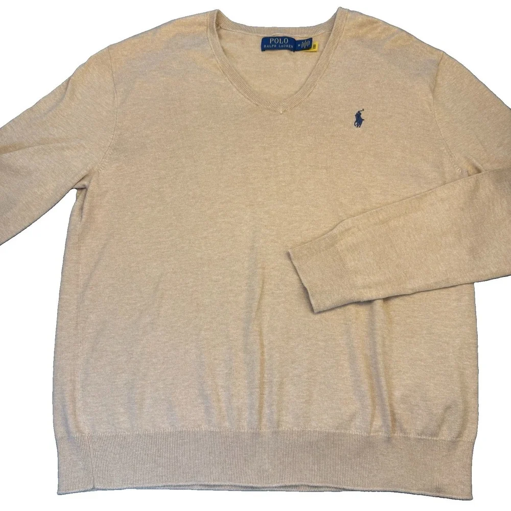Ralph Lauren Polo Pima Cotton V-Neck Sweater Tan w/Navy Pony Men's Size M
